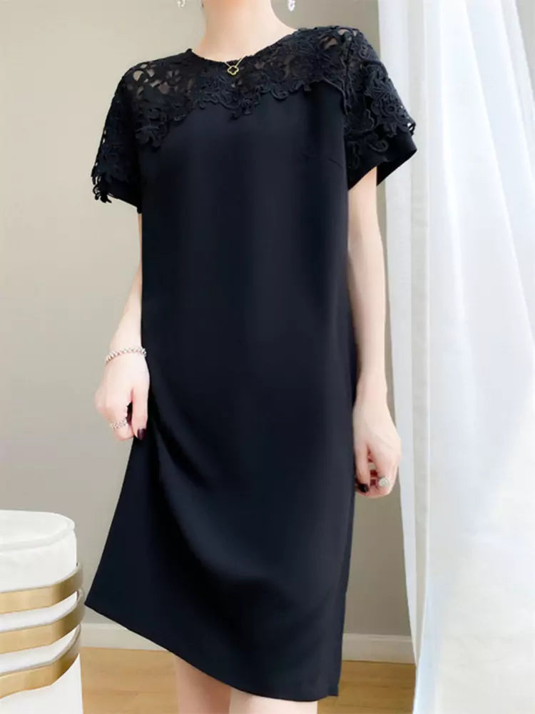 Vestido negro de acetato y encaje de seda para mujer: elegante vestido midi de manga corta.