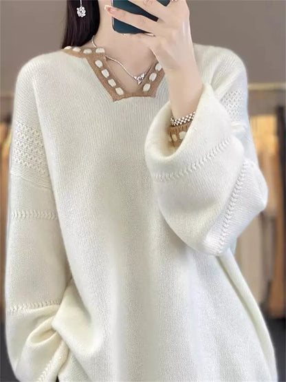 Colorblock Long Knit Sweater for Women – Cozy Oversized Mid-Length Pullover