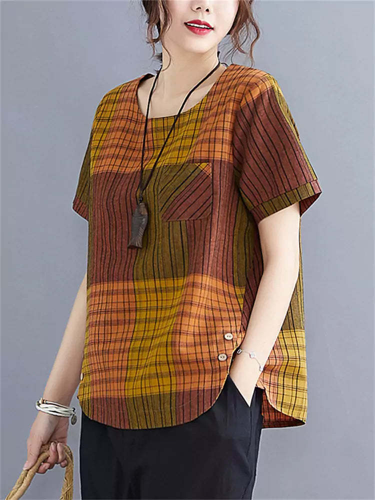 Loose Fit Plaid Short Sleeve Cotton Linen Top for Women