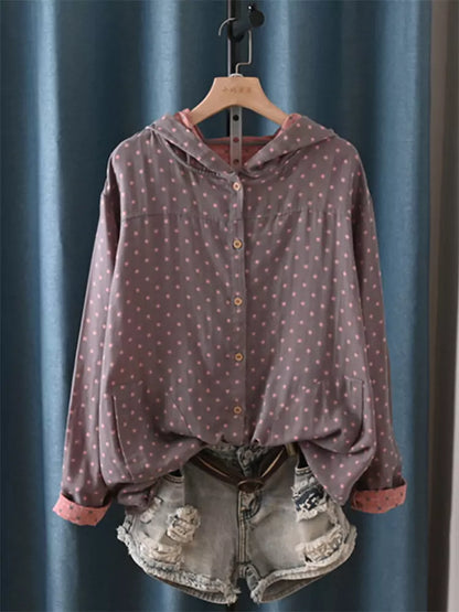 Comfortable Casual Double-Layer Cotton Gauze Checkered Printed Jacket with Hood for Women