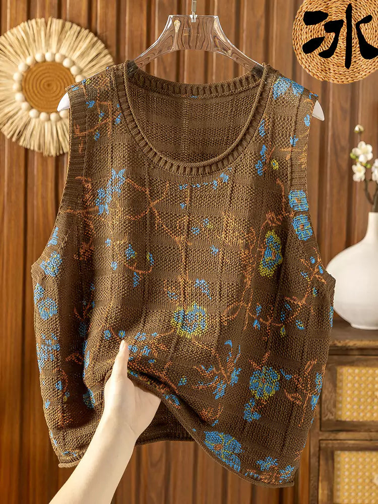 Locker geschnittene, leichte Strickweste aus bedruckter Eisseide für Damen