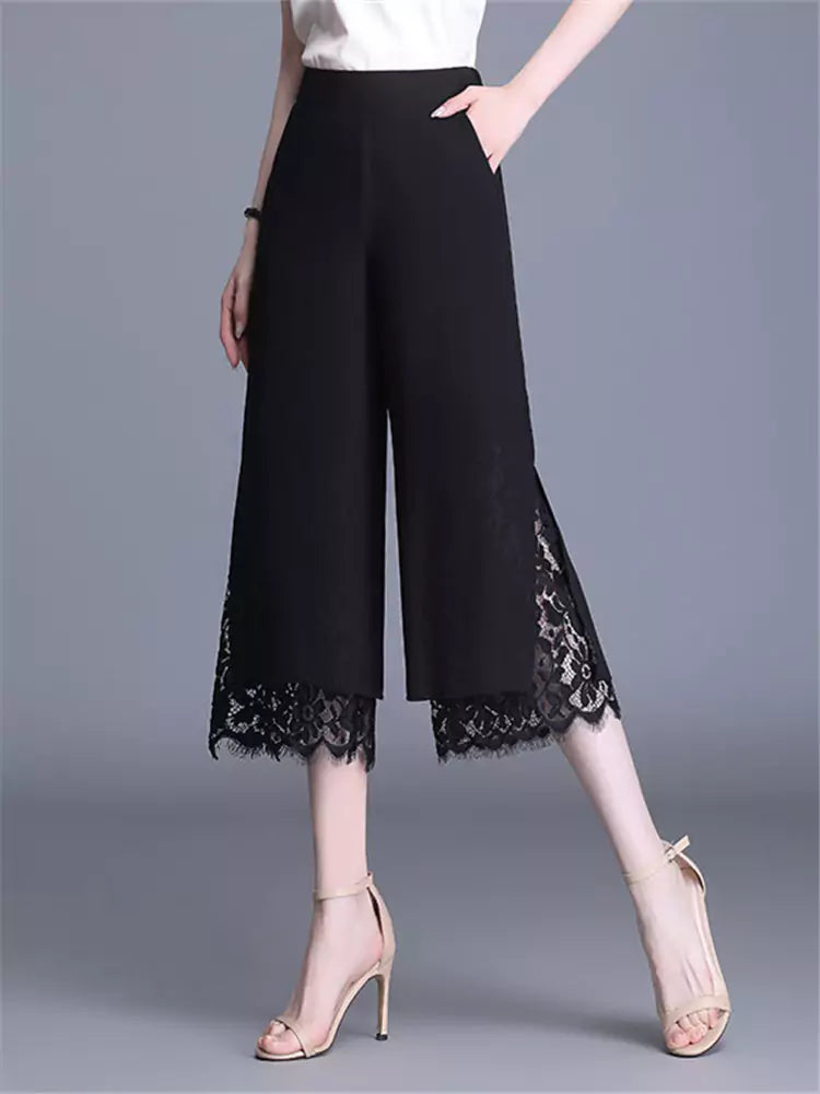 Pantalones rectos cortos de cintura alta con encaje y retazos de gasa elegantes para mujer