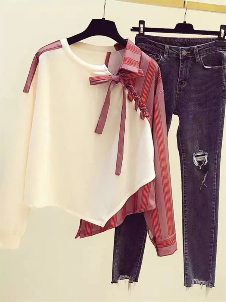 Stylish Lace Up Striped Patchwork Asymmetric Sweatshirt for Women