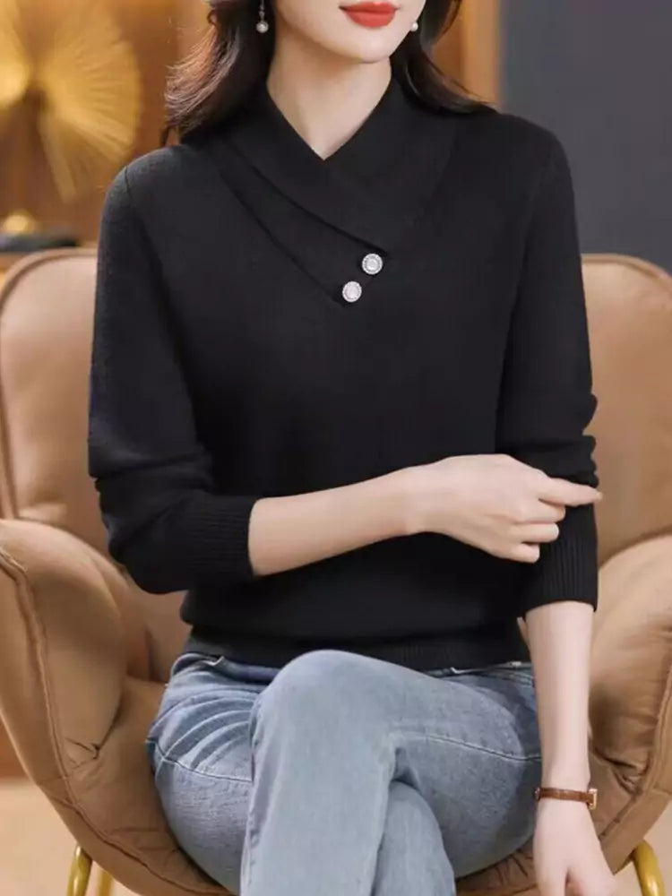 French Style Elegant Cross Collar Knit Sweater for Women