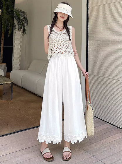 Pantalones de algodón de cintura alta y pierna ancha con diseño floral de patchwork para mujer