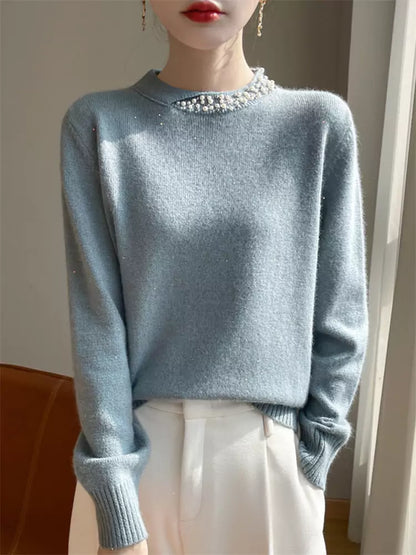 Suéter vintage de punto cálido con cuentas para mujer