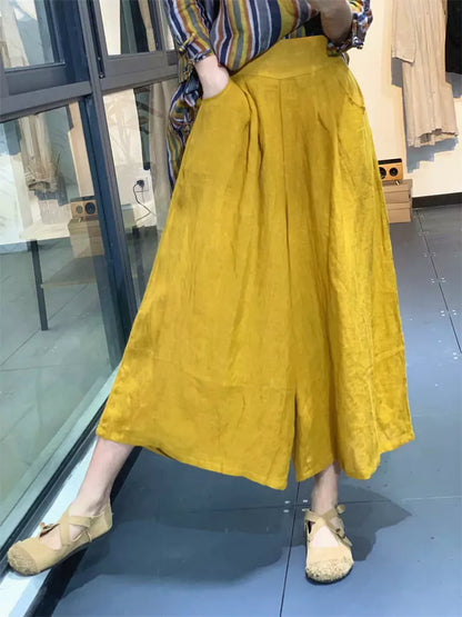 Artistic Minimalist Solid Color Pleated Culottes – Loose Fit Linen Wide-Leg Pants for Women