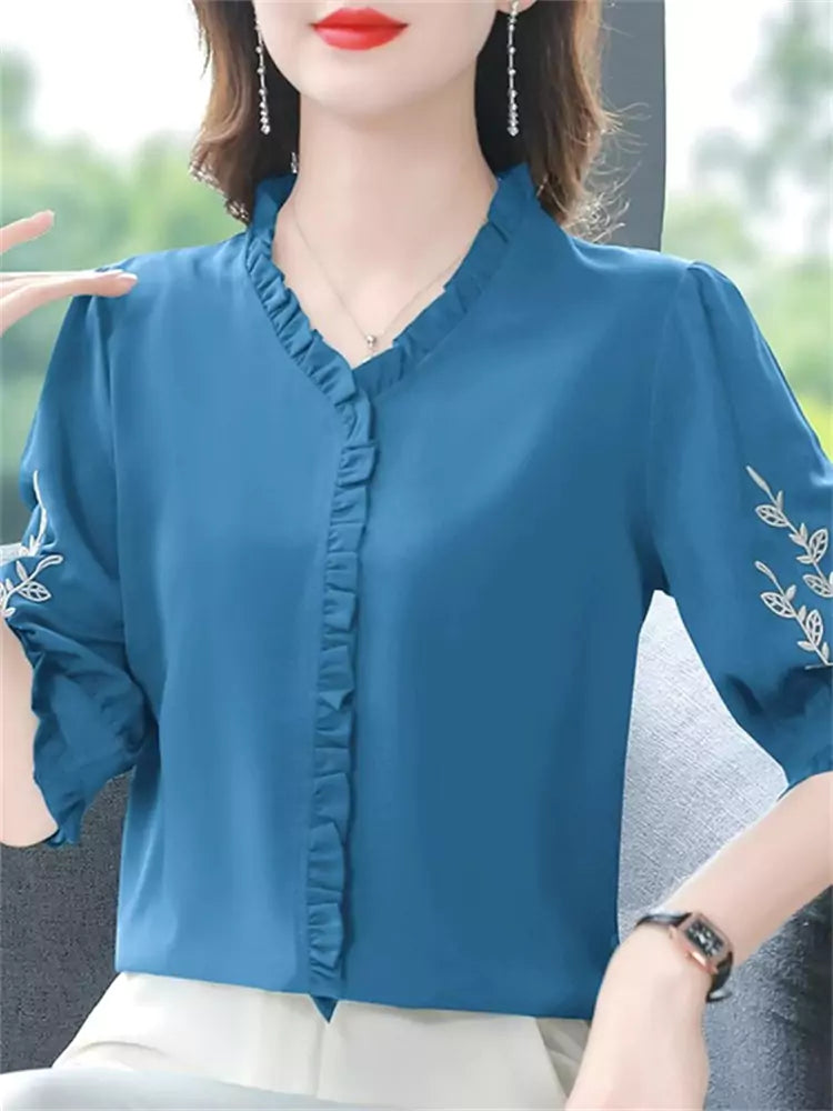 Elegant Plus Size Embroidered Ruffle Trim Loose Fit Chiffon Blouse with 3/4 Sleeves for Women