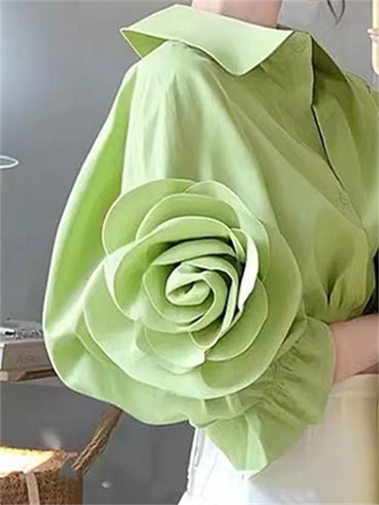 Chic High-End Green Short Sleeve Shirt with 3D Floral Design for Women