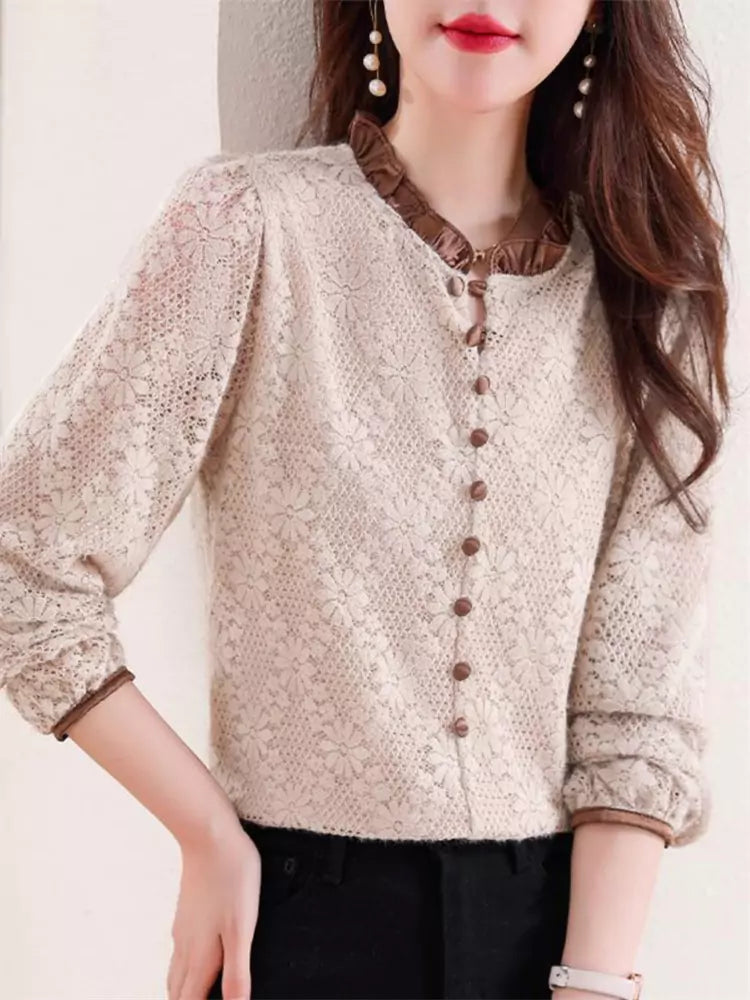 Elegante camisa de jacquard de manga larga estilo francés con cuello con volantes para mujer
