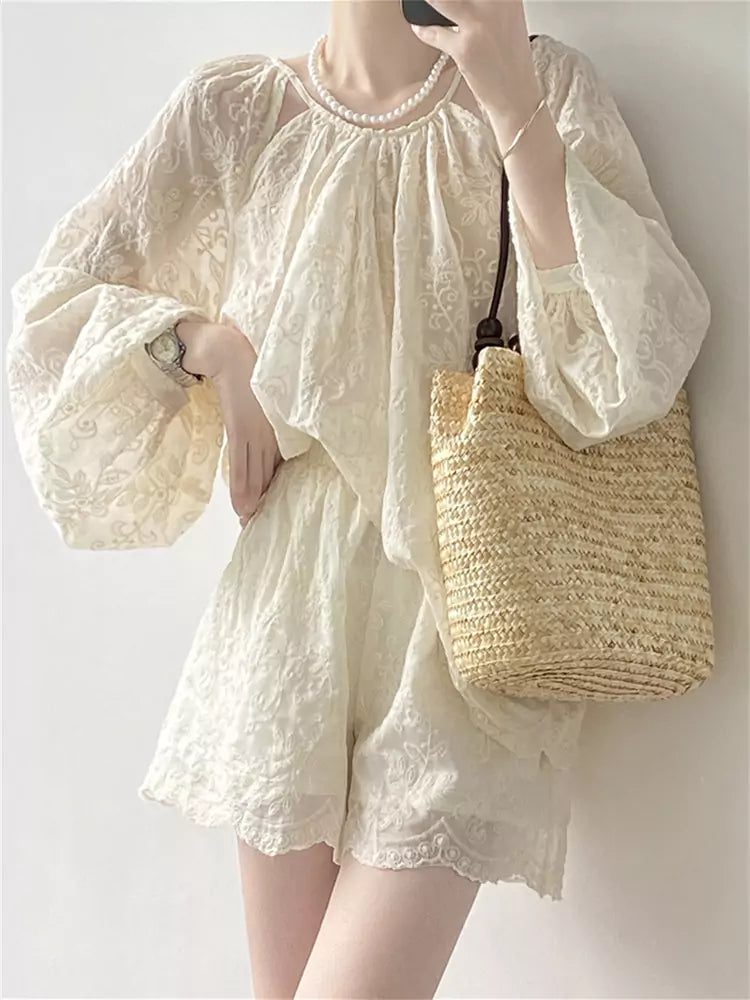 Conjunto de dos piezas de encaje blanco bordado estilo francés para mujer