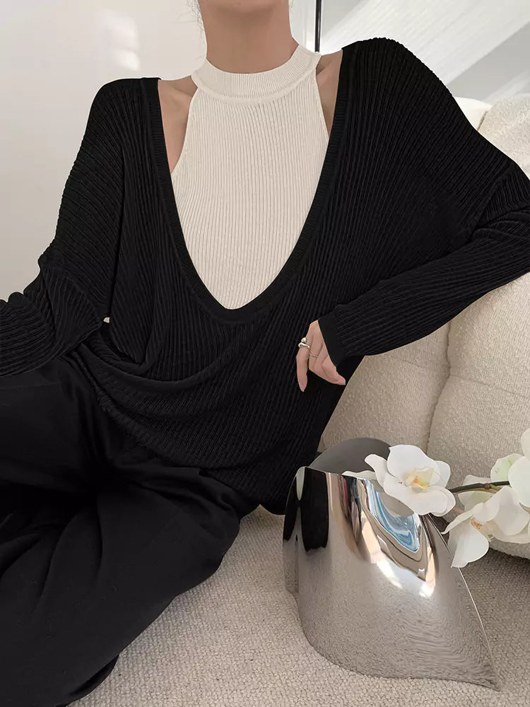 Conjunto de dos piezas de camiseta de tirantes de punto con cuello halter y jersey holgado con cuello en U para mujer