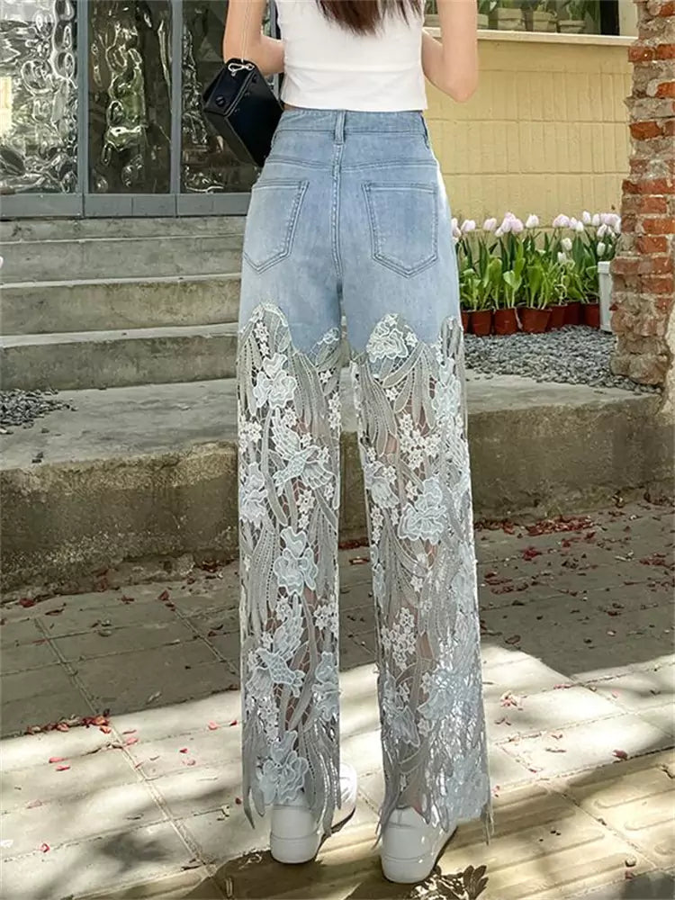 Vintage Straight Leg Denim Pants with Unique Lace Patchwork for Women