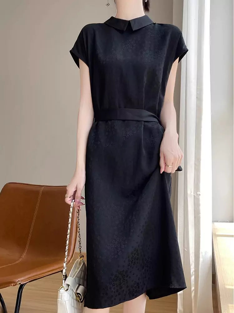 Acetate Satin Printed Midi Dress with Doll Collar and Waist Tie for Women