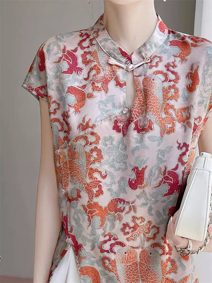 Vintage Chinese Style Jacquard Satin Short Sleeve Loose Blouse for Women