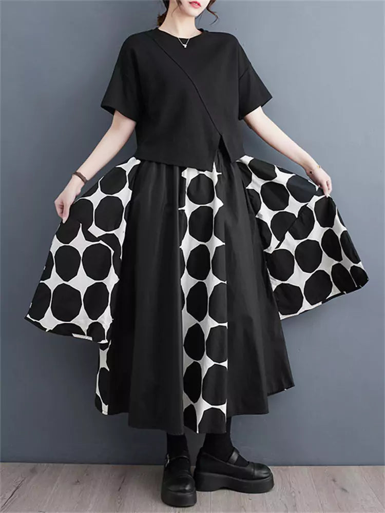 Locker geschnittener, dunkel gepunkteter A-Linien-Rock im Patchwork-Stil für Damen
