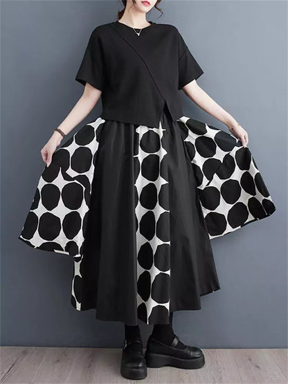 Locker geschnittener, dunkel gepunkteter A-Linien-Rock im Patchwork-Stil für Damen