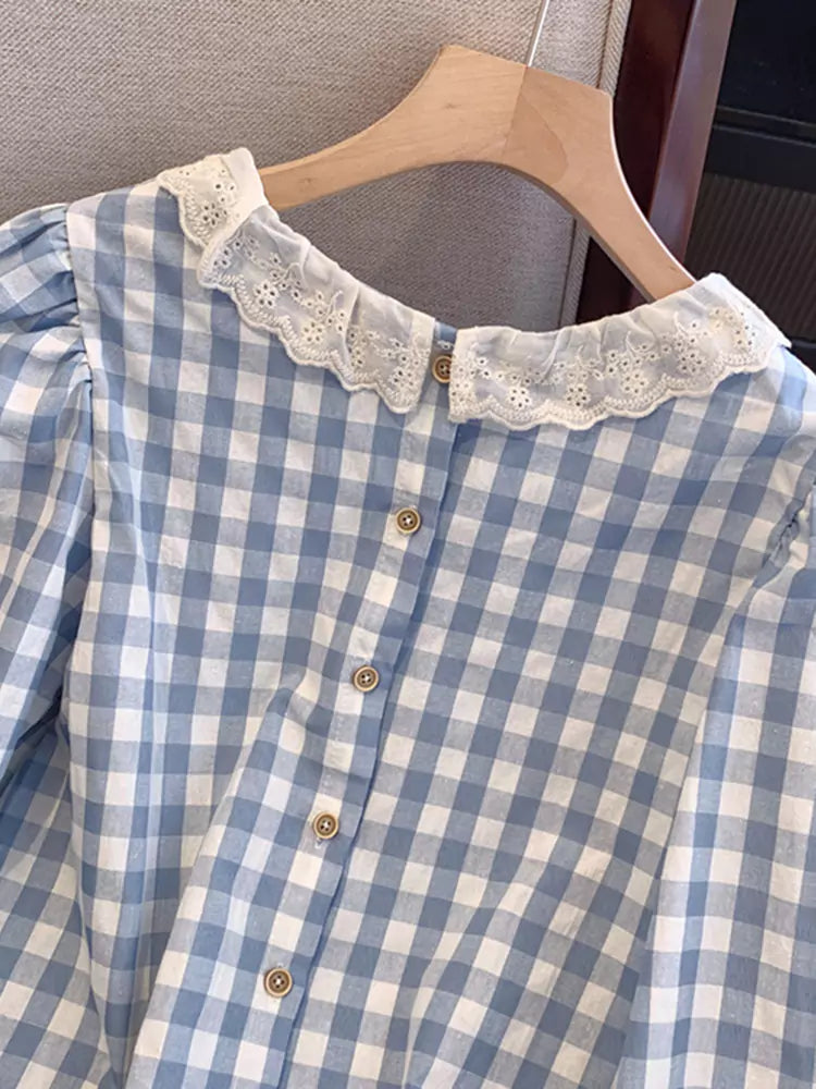 French Style Long Sleeve Plaid Shirt with Lace Trim for Women