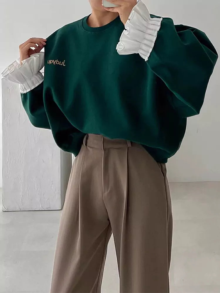 Chic Vintage Round Neck Patchwork Balloon Sleeve Loose Letter Embroidered Sweatshirt for Women