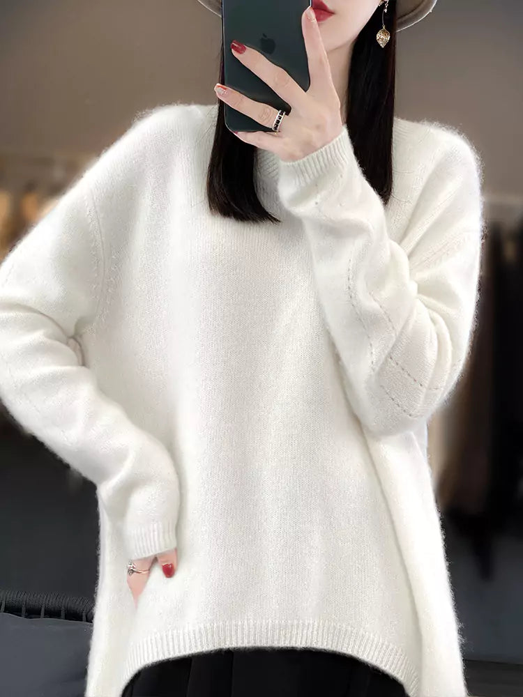 Weißer Damen-Wollpullover mit V-Ausschnitt, asymmetrischem Saum und lockerem, dickem, kuscheligem Schnitt