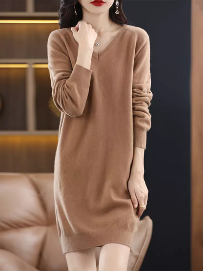 Grüner Damen-Wollpullover mit V-Ausschnitt, lockerer Passform und mittellangem, figurbetontem Design