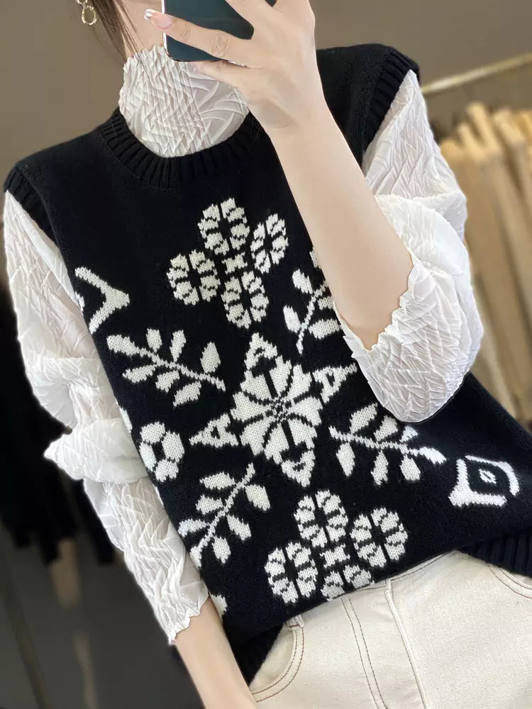 Colorblock Floral Round Neck Wool Vest for Women in Loose Casual Style