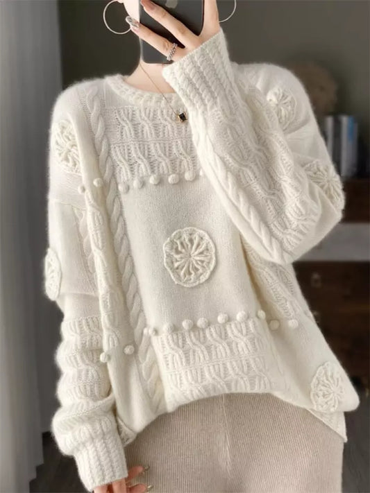 Vintage Round Neck Pullover Wool Sweater for Women with 3D Floral Embroidery