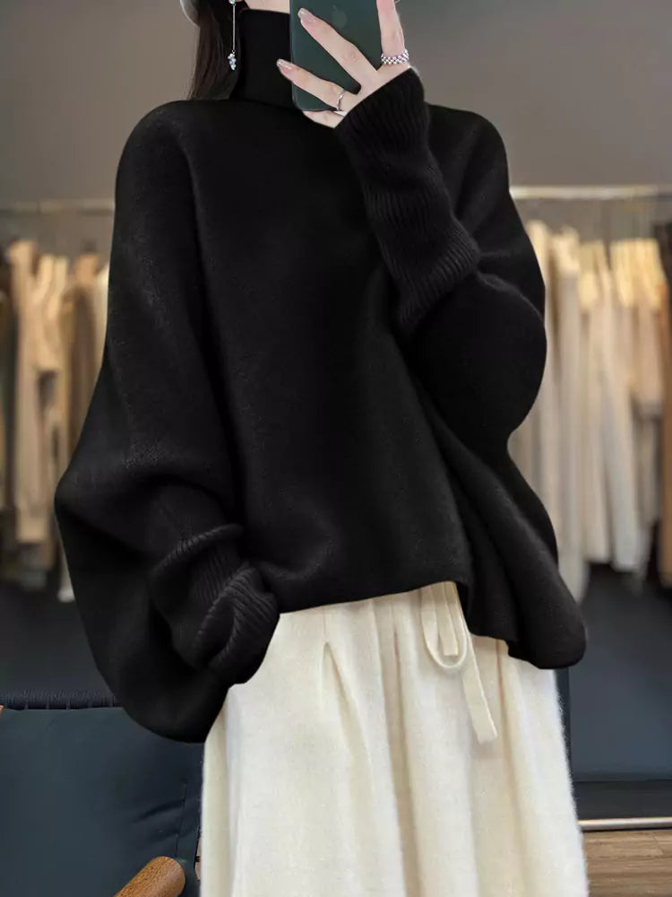 Lila, dicker Wollpullover mit hohem Kragen und Fledermausärmeln für Damen im lockeren, gemütlichen Stil