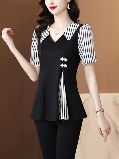 Kurzarm-Streifen-Patchwork-Shirt in Übergröße für Damen