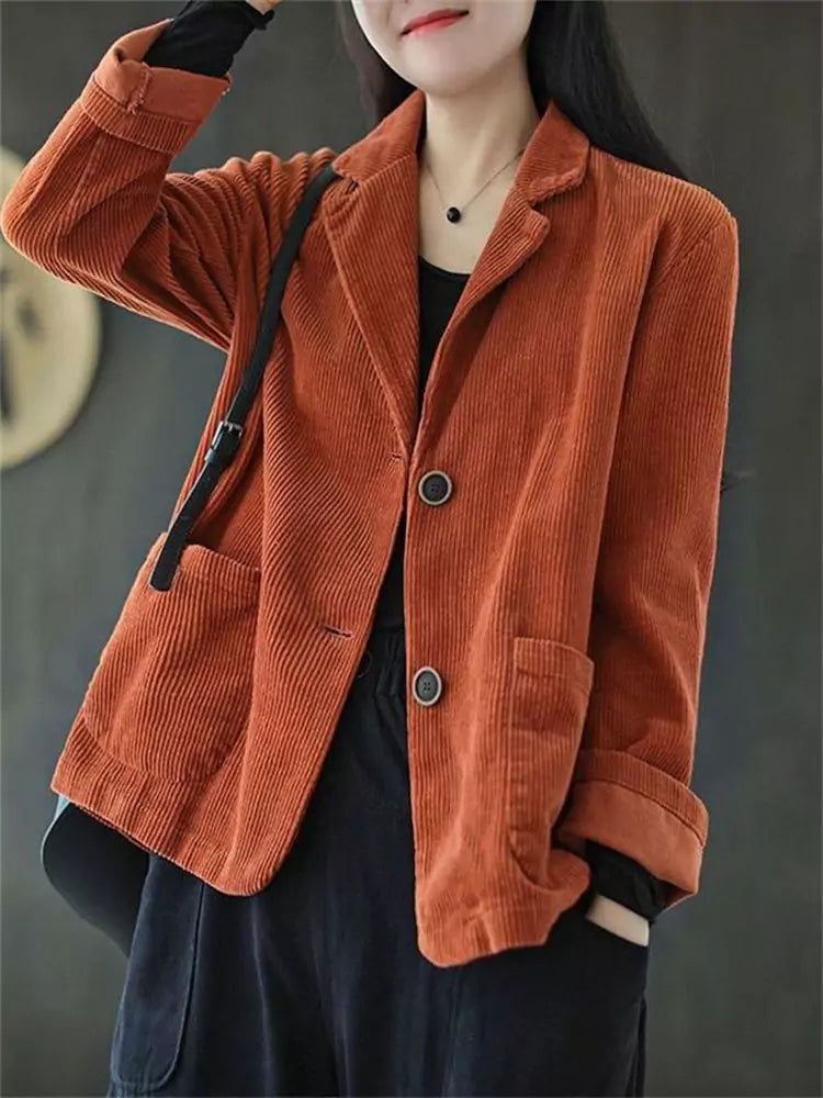 Brick Red Corduroy Blazer Jacket for Women in Short Tailored Style