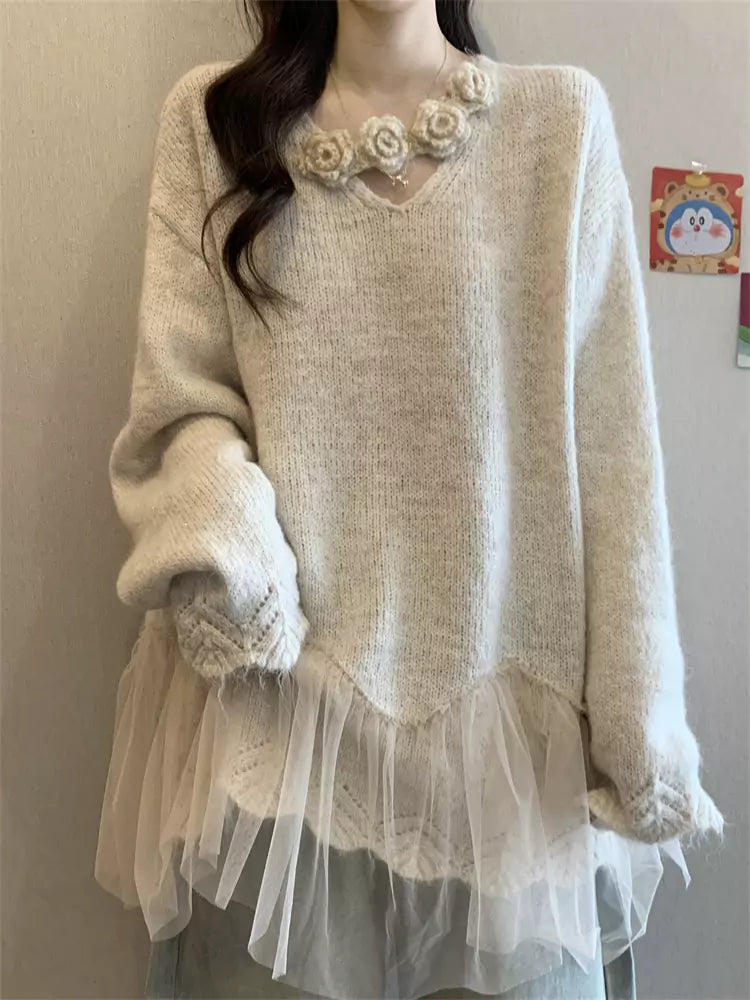 Suéter de punto morado con cuello en V y cuello halter para mujer, talla grande, con parches de malla floral 3D