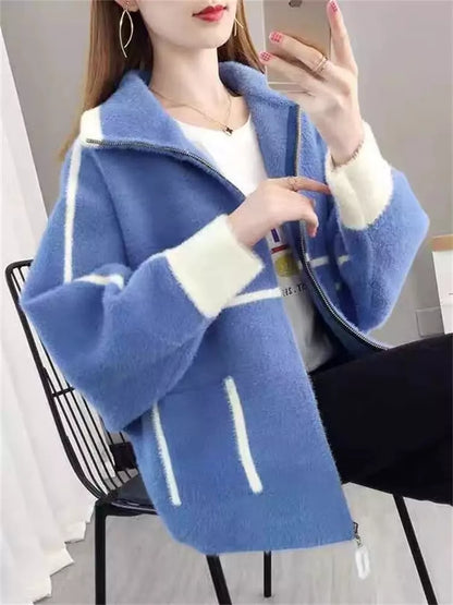 Damen-Fleecejacke aus dickem, farblich abgesetztem Kunstpelz in lockerer Passform für die Freizeit