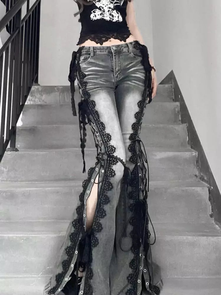 Vintage Plus Size Slim Fit Lace-Up Split Denim Flared Pants for Women