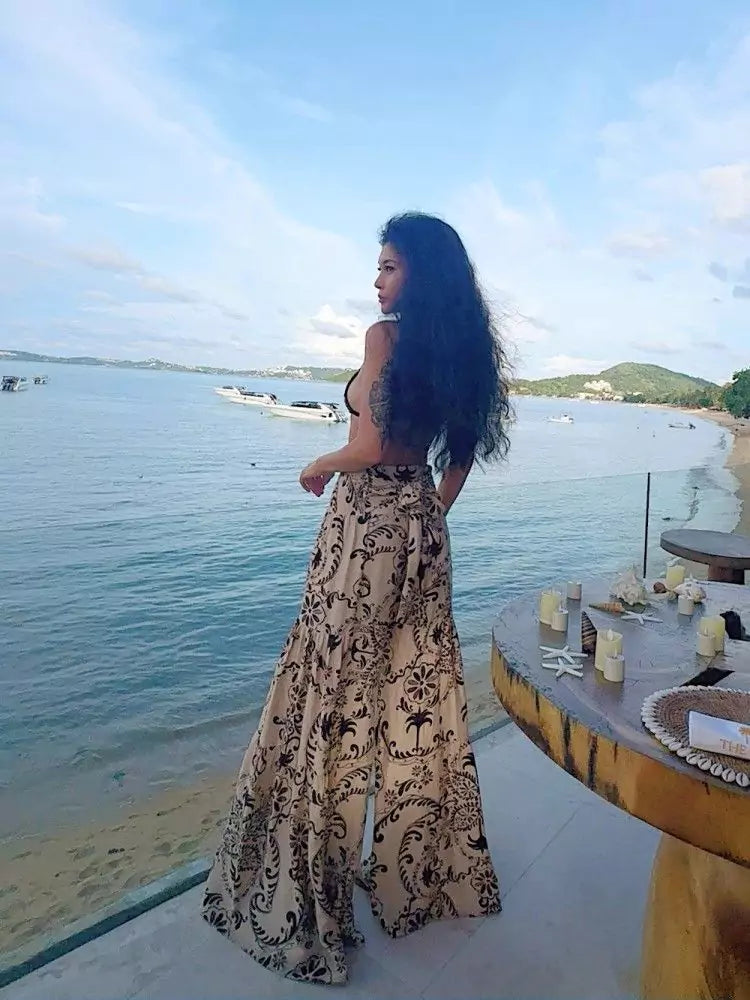 Pantalones anchos elegantes de estilo bohemio con estampado marrón para mujer, talla grande