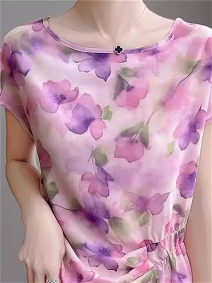 Elegante, rosafarbene Sommerbluse mit chinesischem Tuschemalerei-Print und kurzen Ärmeln