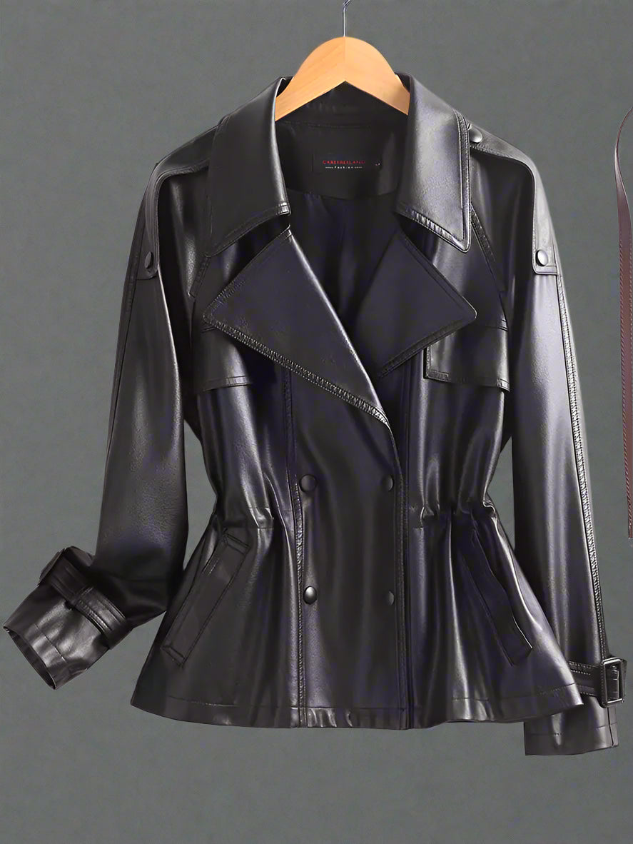 Black leather jacket on a wooden hanger against a white background