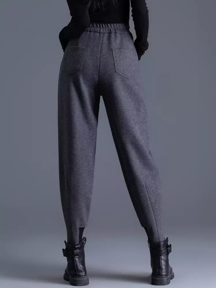 Pantalones harén grises de mezcla de lana para mujer