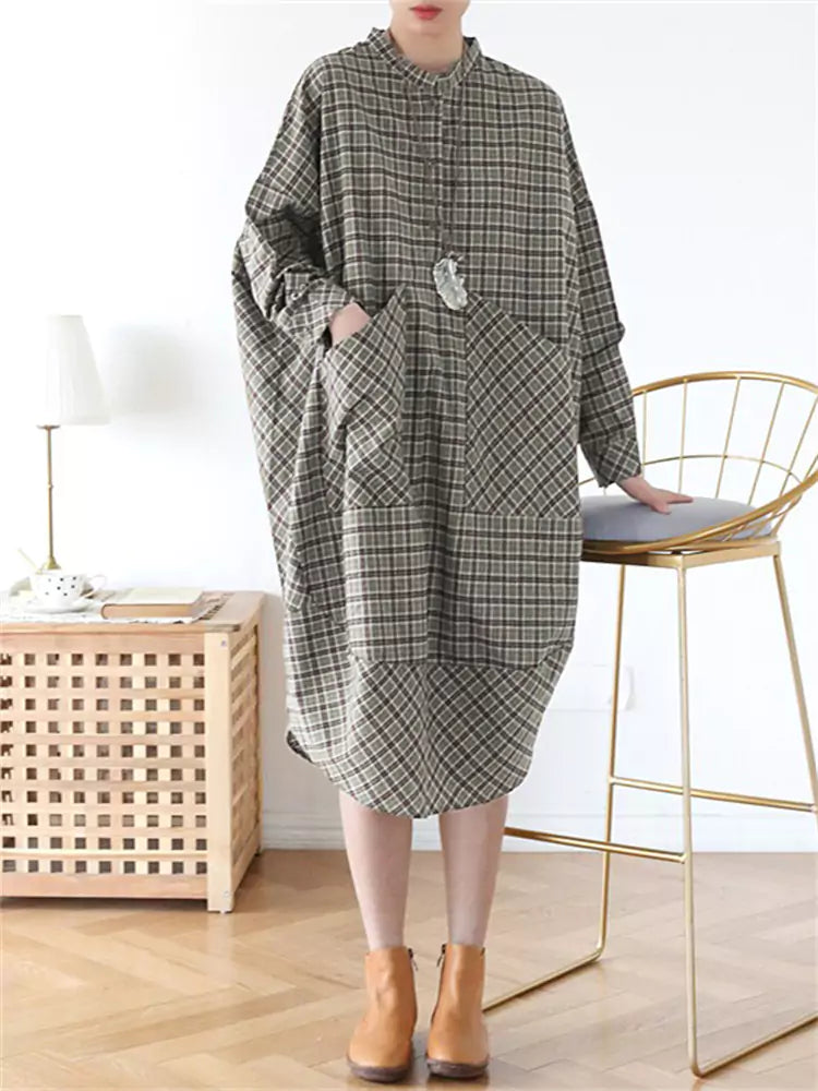Vintage Plaid Loose Fit Dress with Pockets for Women