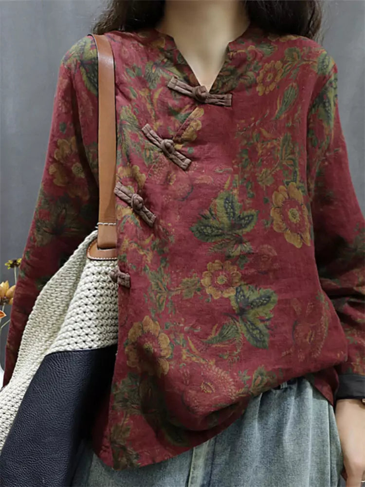 Vintage-Hemd im chinesischen Stil aus Baumwoll-Leinen mit schrägem Kragen für Damen
