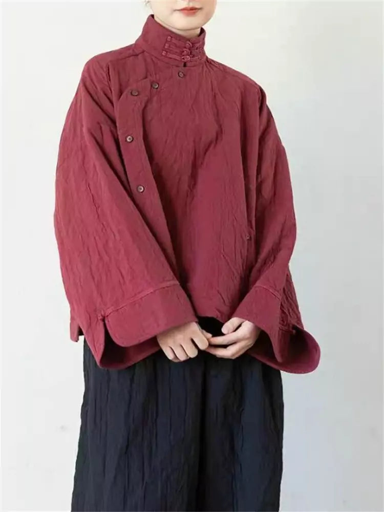 Nueva blusa con botones de rana roja estilo chino para mujer