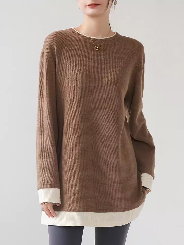 Two-in-One Coffee Color Block Long Sleeve T-Shirt for Women