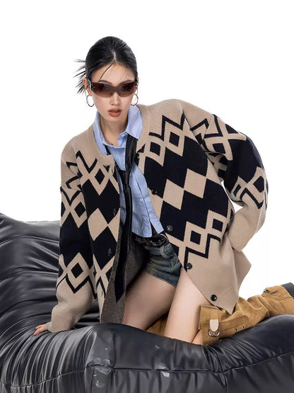 Cárdigan vintage de punto rombos para mujer