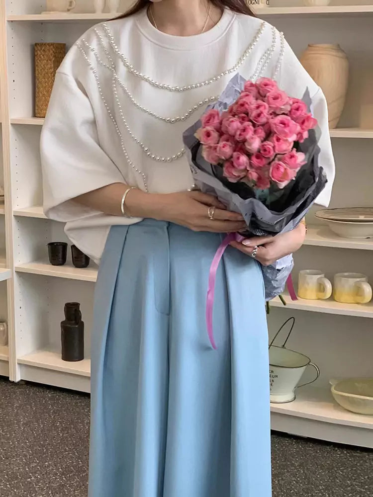 Aprikosenfarbenes, perlenbesetztes Kurzarm-T-Shirt für Damen