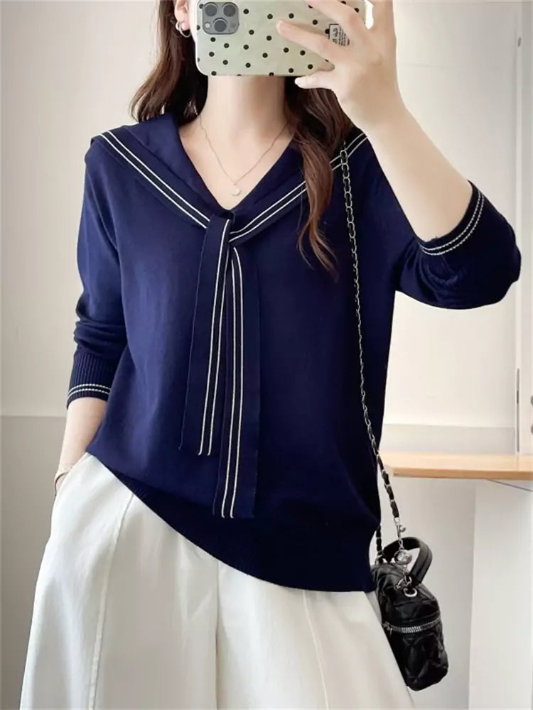 Striped Gray Sailor Collar Knit Sweater for Women