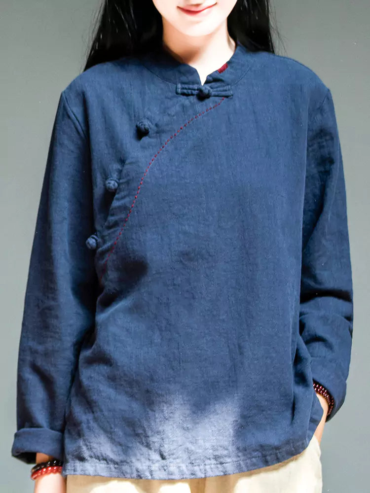 Vintage-Leinenbluse für Damen mit Stehkragen – Bluse im chinesischen Stil mit Knöpfen