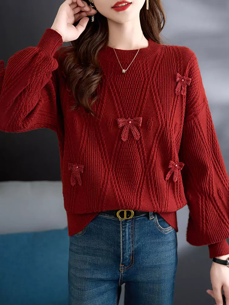 Damen-Strickpullover mit roter Schleife – Kurzer Pullover für Herbst und Winter