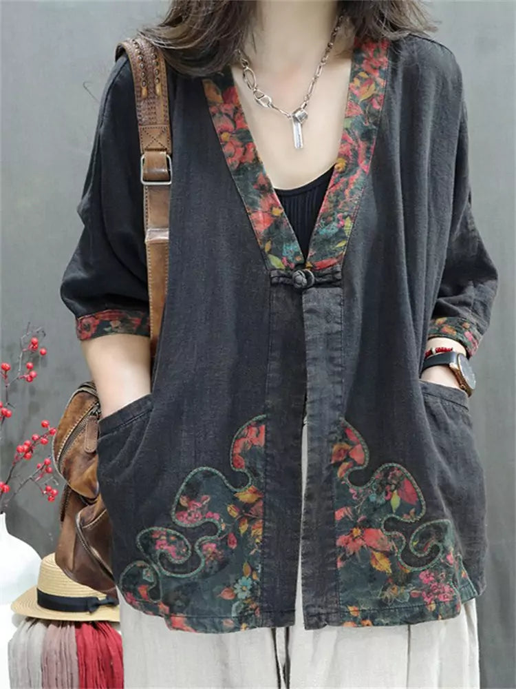 Women’s Vintage Printed Linen Blouse – Loose Fit Casual Buttoned Top