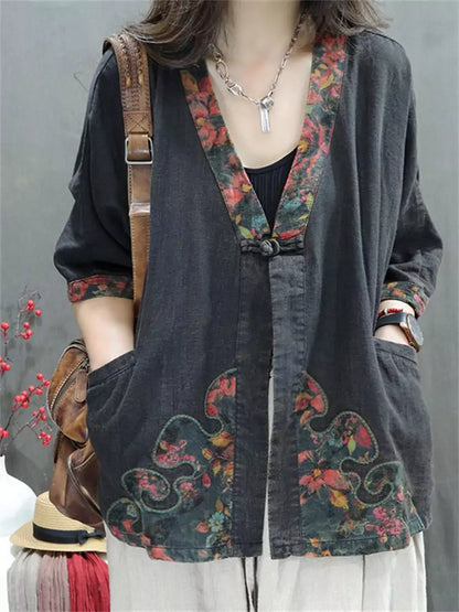 Vintage-Leinenbluse für Damen mit Print – Lässiges, locker geschnittenes Oberteil mit Knöpfen