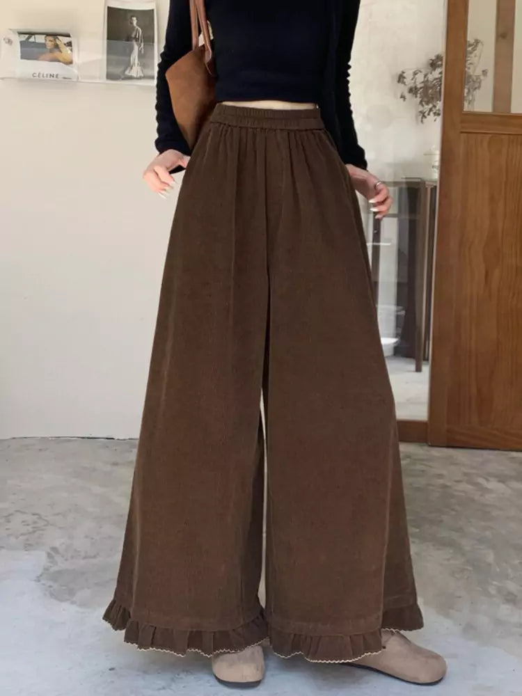 Pantalones anchos de pana rosa con volantes para mujer