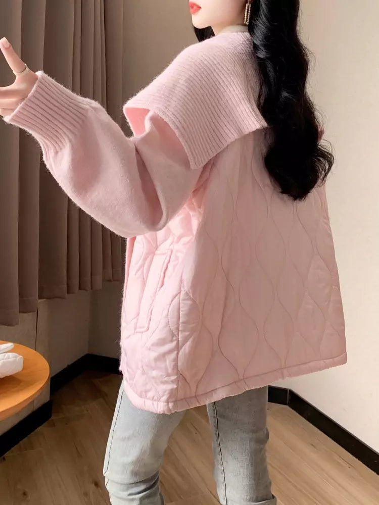 Beige-blaue Strickjacke mit Kragen für Damen